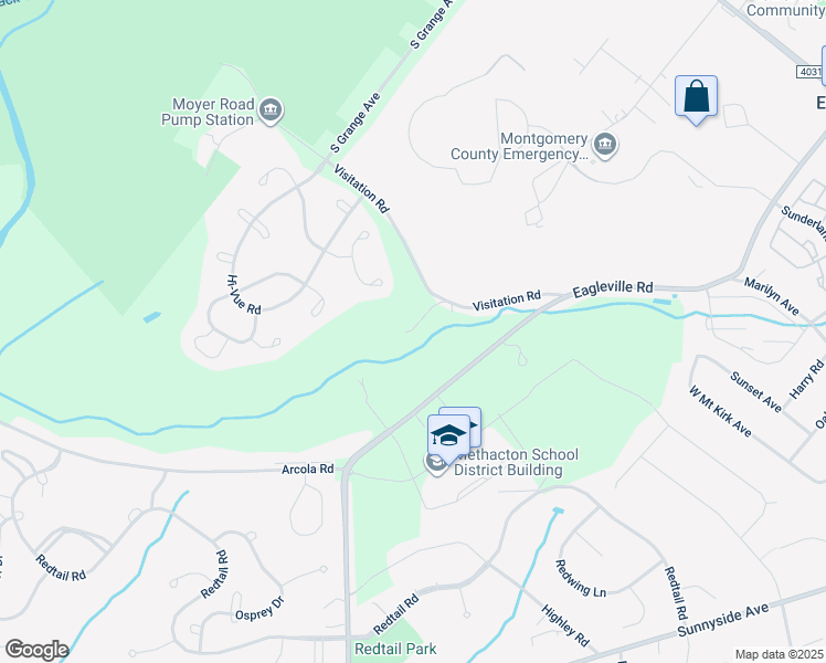 map of restaurants, bars, coffee shops, grocery stores, and more near 3390 Visitation Road in Collegeville