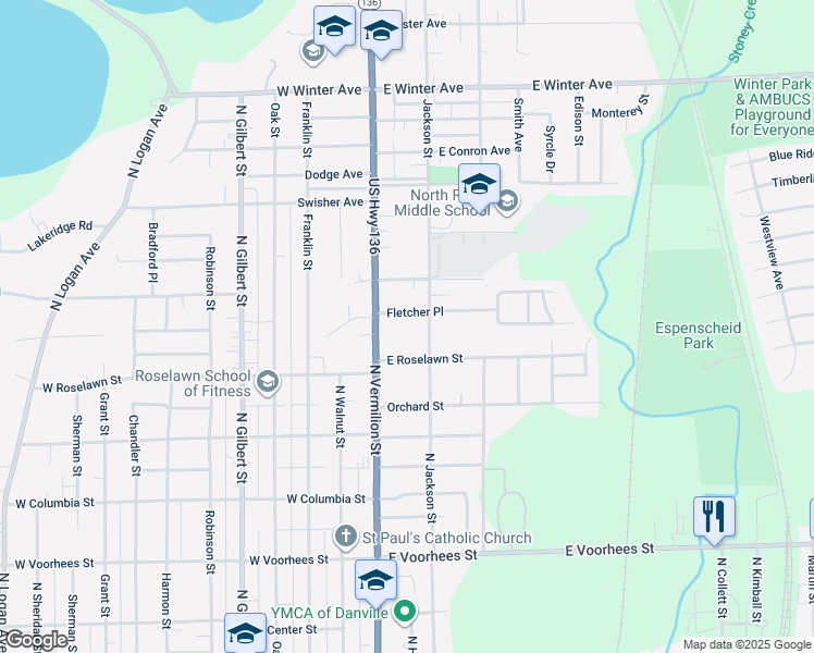 map of restaurants, bars, coffee shops, grocery stores, and more near North Jackson Street in Danville