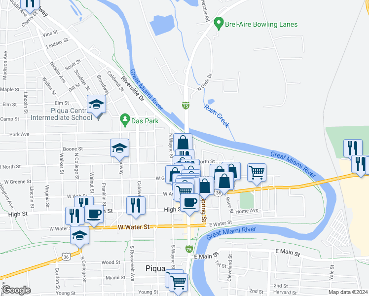 map of restaurants, bars, coffee shops, grocery stores, and more near 638 North Main Street in Piqua