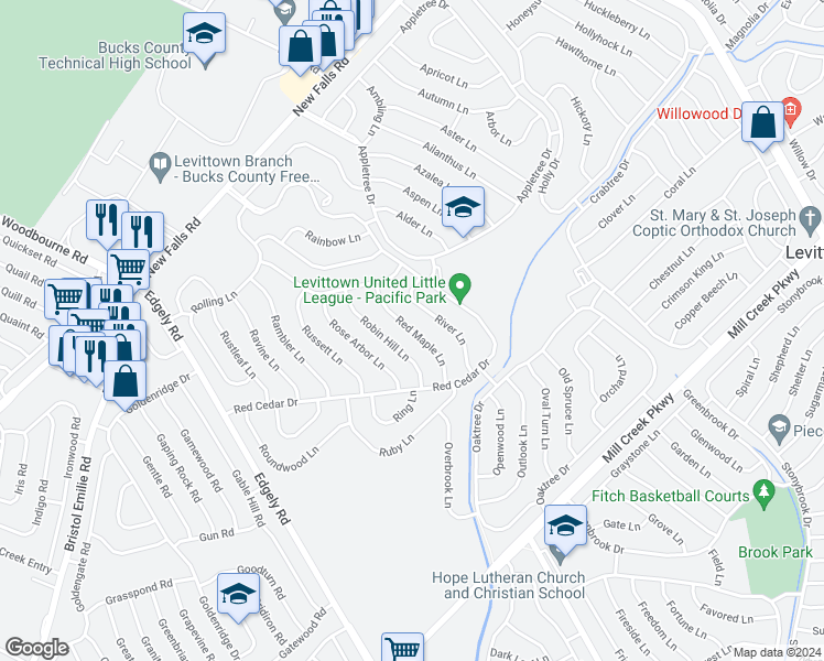 map of restaurants, bars, coffee shops, grocery stores, and more near 52 Red Maple Lane in Levittown