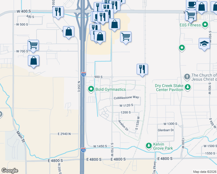 map of restaurants, bars, coffee shops, grocery stores, and more near 1821 South Stonehedge Way in Springville
