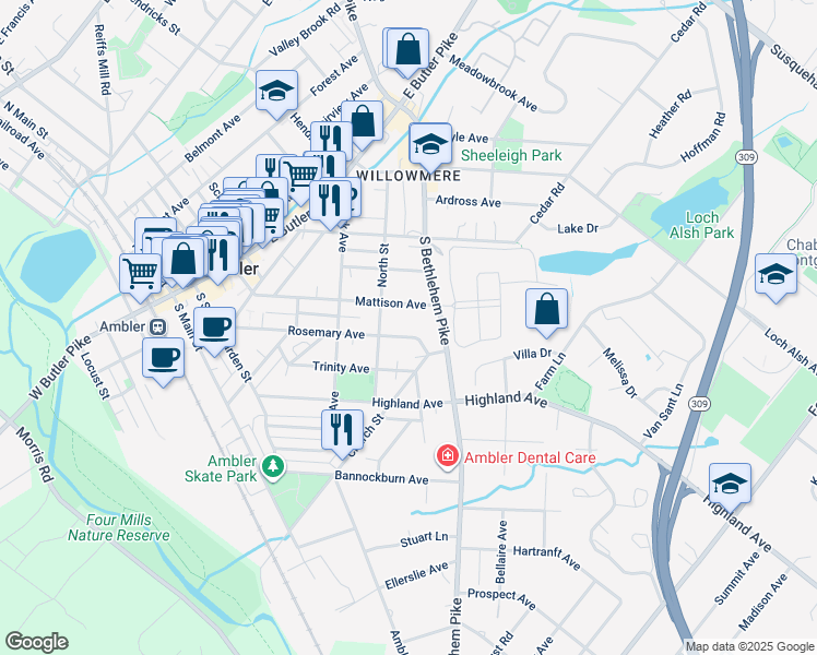 map of restaurants, bars, coffee shops, grocery stores, and more near 357 Rosemary Avenue in Ambler