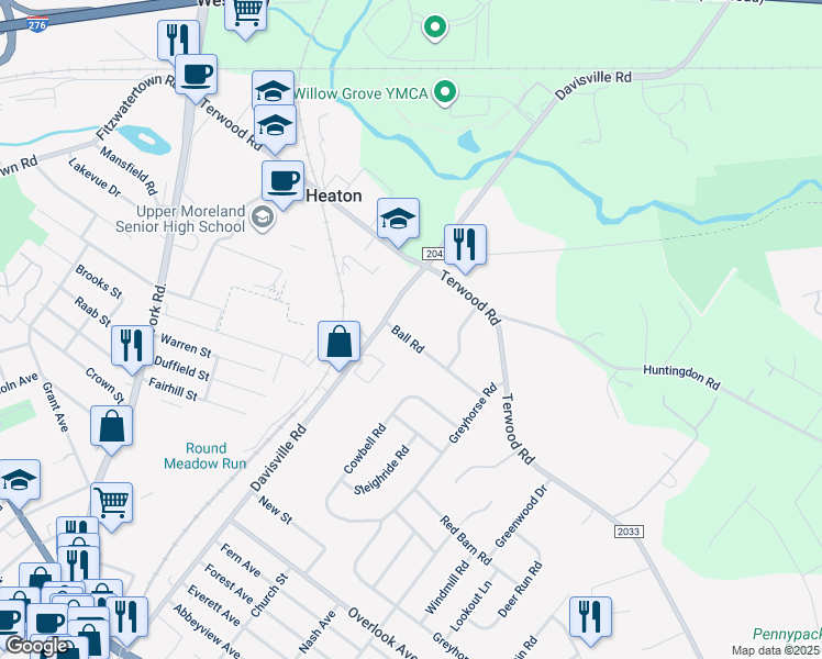 map of restaurants, bars, coffee shops, grocery stores, and more near 2545 Ball Road in Willow Grove
