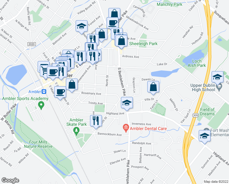 map of restaurants, bars, coffee shops, grocery stores, and more near 357 Rosemary Avenue in Ambler