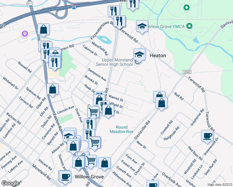 map of restaurants, bars, coffee shops, grocery stores, and more near 228 Brook Street in Willow Grove