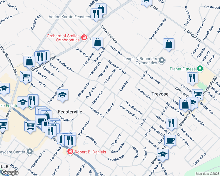 map of restaurants, bars, coffee shops, grocery stores, and more near 1510 Meadowbrook Road in Feasterville-Trevose