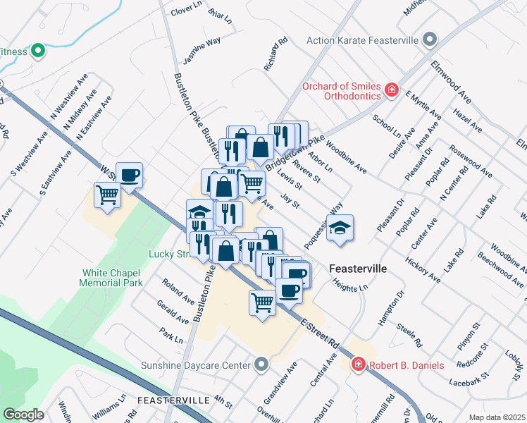 map of restaurants, bars, coffee shops, grocery stores, and more near 20 Heights Lane in Feasterville-Trevose