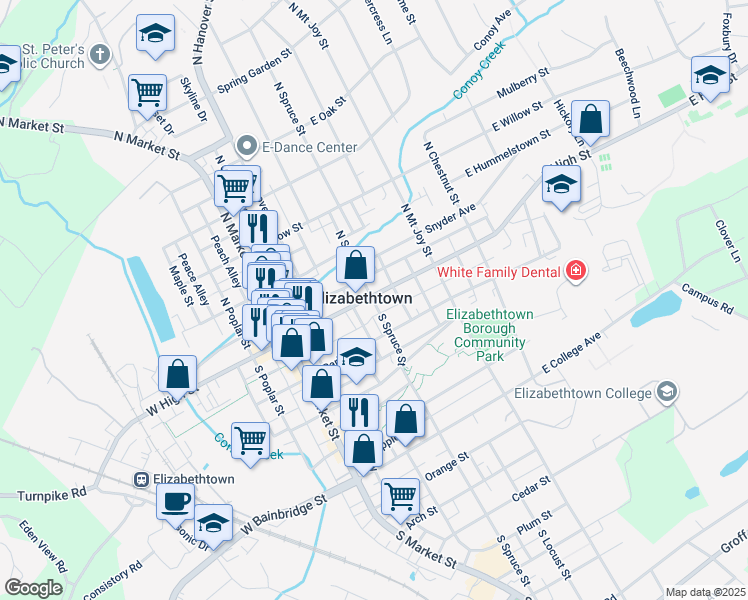 map of restaurants, bars, coffee shops, grocery stores, and more near 204 East High Street in Elizabethtown