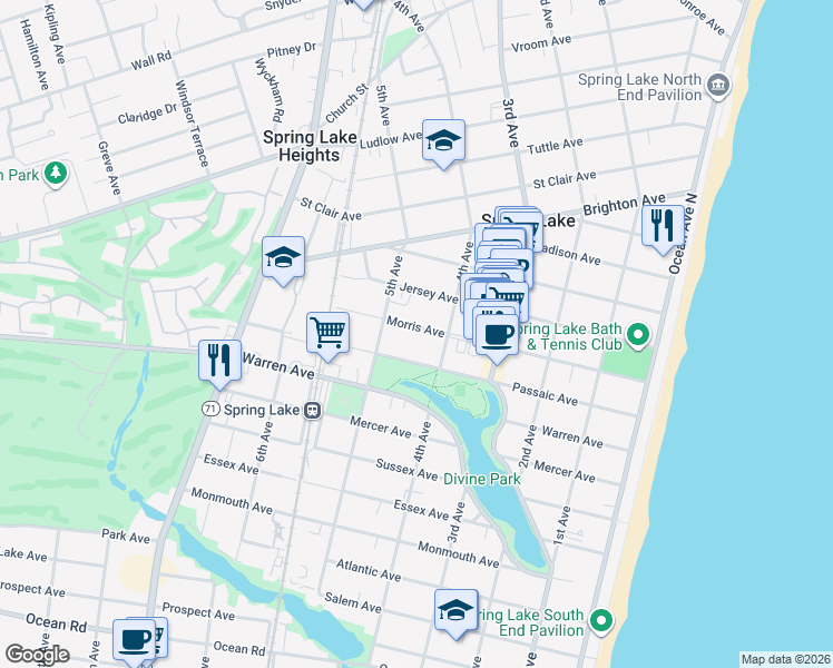map of restaurants, bars, coffee shops, grocery stores, and more near 409 Jersey Avenue in Spring Lake