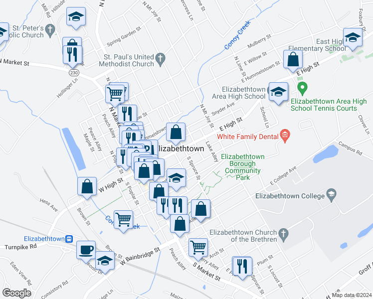 map of restaurants, bars, coffee shops, grocery stores, and more near 204 East High Street in Elizabethtown