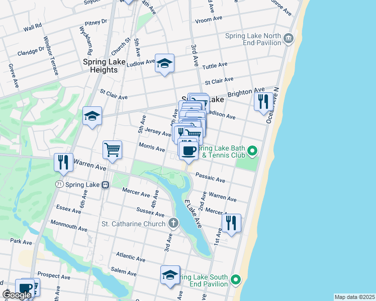 map of restaurants, bars, coffee shops, grocery stores, and more near 300 Morris Avenue in Spring Lake