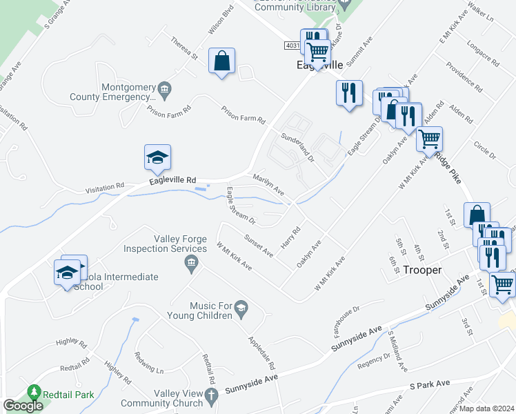map of restaurants, bars, coffee shops, grocery stores, and more near 207 Chariot Lane in Norristown