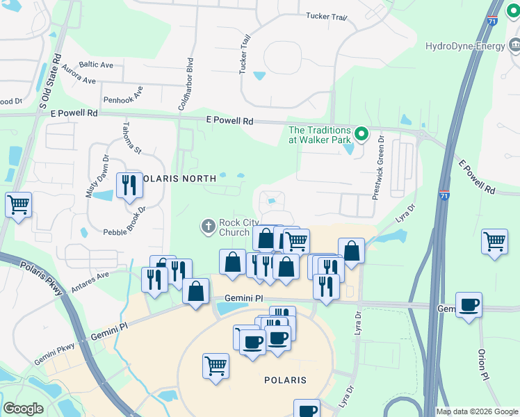 map of restaurants, bars, coffee shops, grocery stores, and more near 9088 Polaris Lakes Drive in Columbus