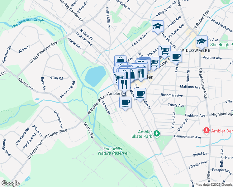 map of restaurants, bars, coffee shops, grocery stores, and more near 27 West Butler Pike in Ambler