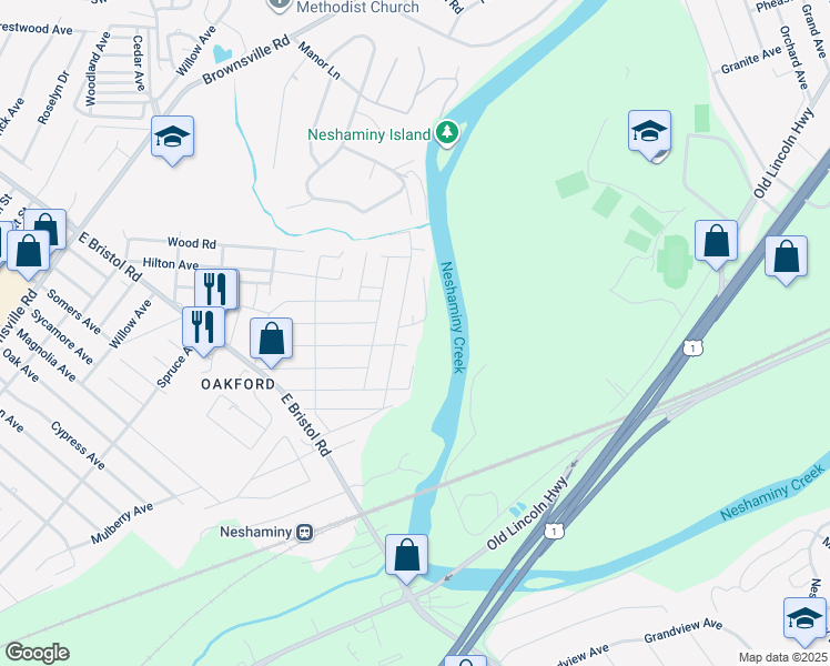 map of restaurants, bars, coffee shops, grocery stores, and more near 1320 Clayton Avenue in Oakford