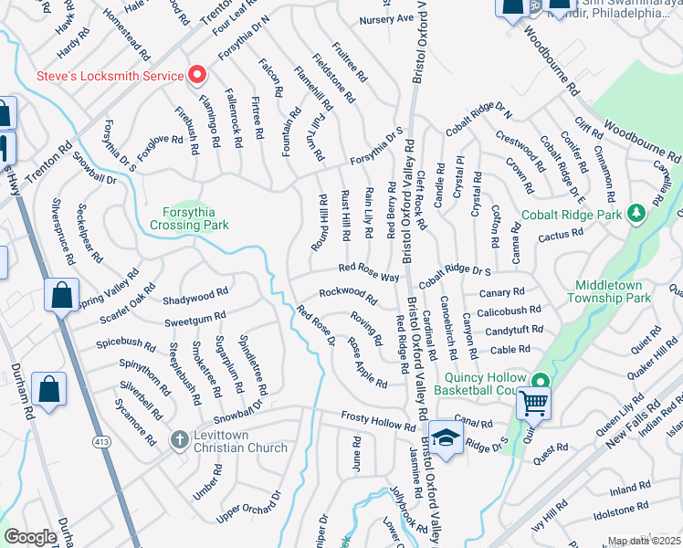 map of restaurants, bars, coffee shops, grocery stores, and more near 34 Red Rose Way in Levittown