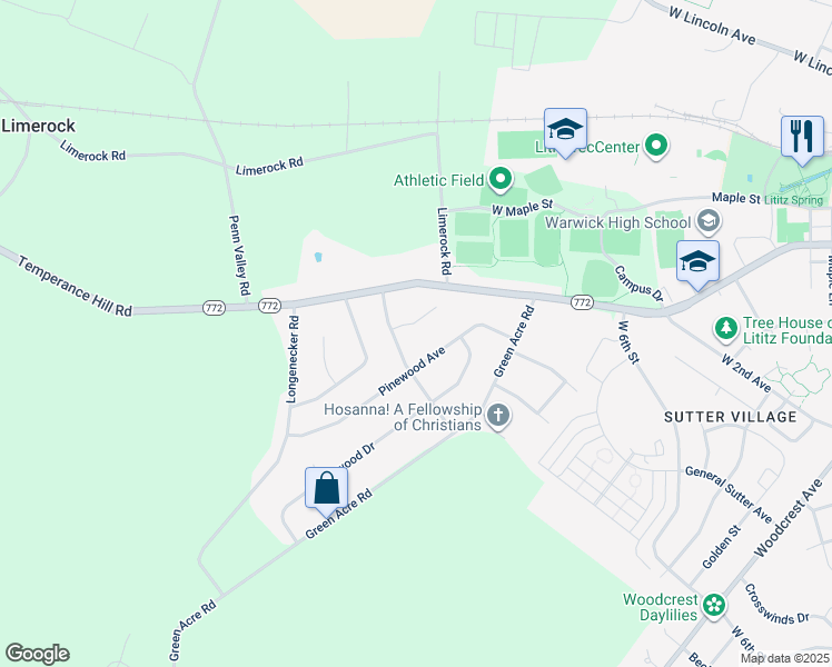 map of restaurants, bars, coffee shops, grocery stores, and more near 4 Stoneridge Lane in Lititz