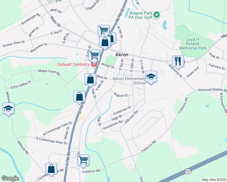 map of restaurants, bars, coffee shops, grocery stores, and more near 203 South 9th Street in Akron