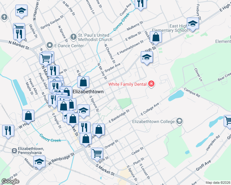 map of restaurants, bars, coffee shops, grocery stores, and more near 36 South Mount Joy Street in Elizabethtown