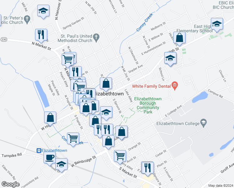 map of restaurants, bars, coffee shops, grocery stores, and more near 222A East High Street in Elizabethtown
