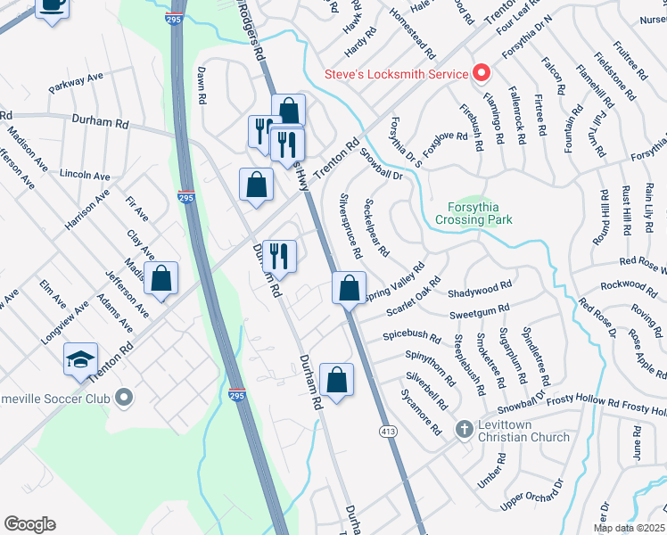 map of restaurants, bars, coffee shops, grocery stores, and more near 1343 Veterans Highway in Levittown