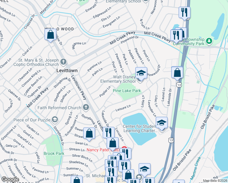 map of restaurants, bars, coffee shops, grocery stores, and more near 401 Pinewood Drive in Levittown