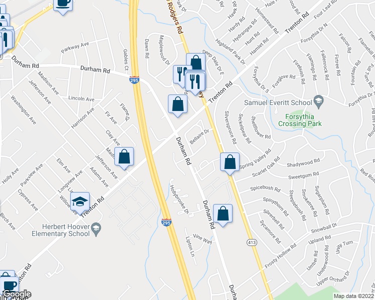 map of restaurants, bars, coffee shops, grocery stores, and more near 166 Sandybrook Drive in Langhorne