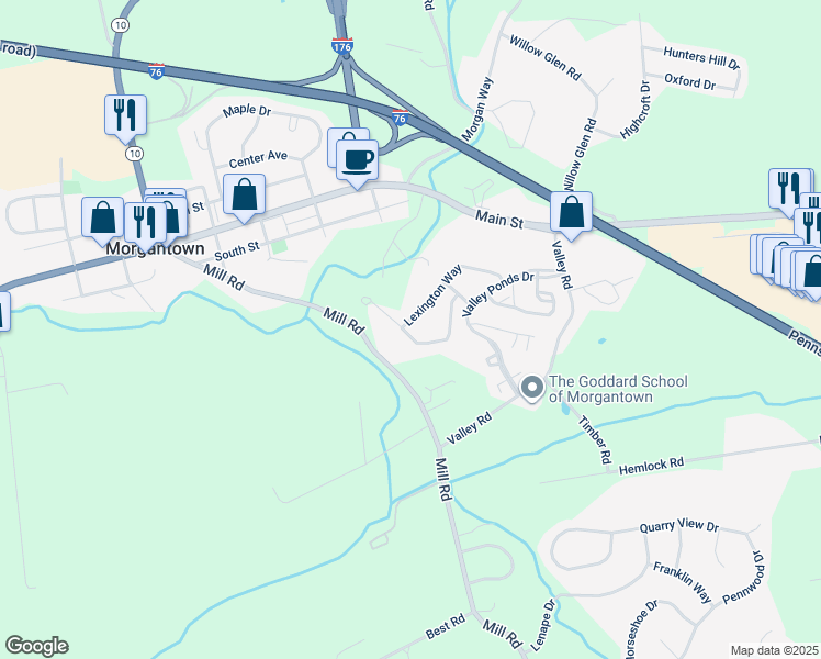 map of restaurants, bars, coffee shops, grocery stores, and more near 1534 Lexington Way in Morgantown