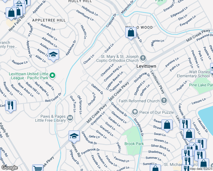 map of restaurants, bars, coffee shops, grocery stores, and more near 5 Copper Beech Lane in Levittown