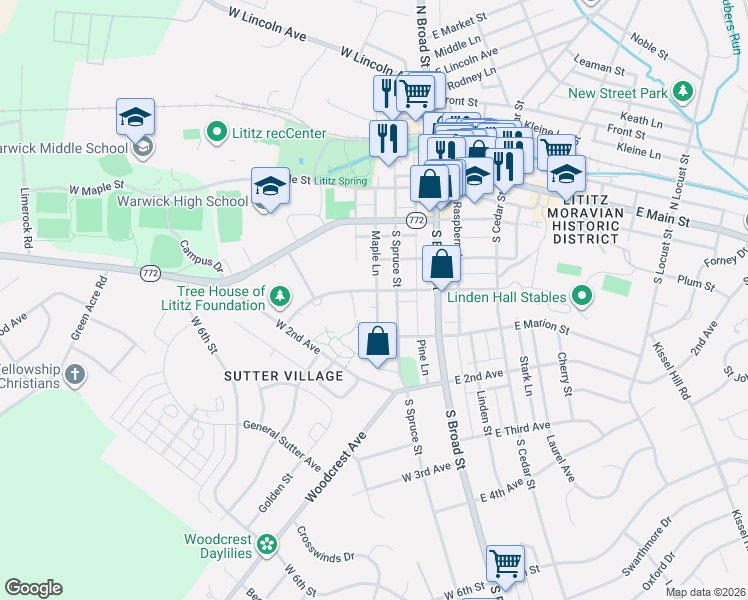 map of restaurants, bars, coffee shops, grocery stores, and more near 152 South Spruce Street in Lititz