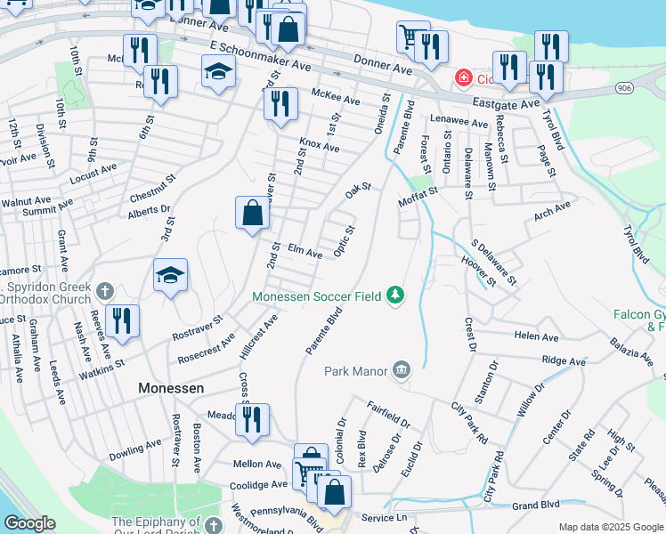 map of restaurants, bars, coffee shops, grocery stores, and more near 1000 Optic Street in Monessen