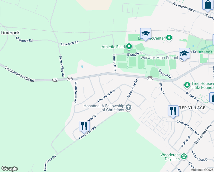 map of restaurants, bars, coffee shops, grocery stores, and more near 4 Stoneridge Lane in Lititz