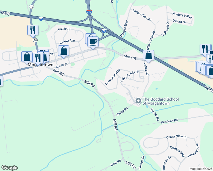 map of restaurants, bars, coffee shops, grocery stores, and more near 1534 Lexington Way in Morgantown