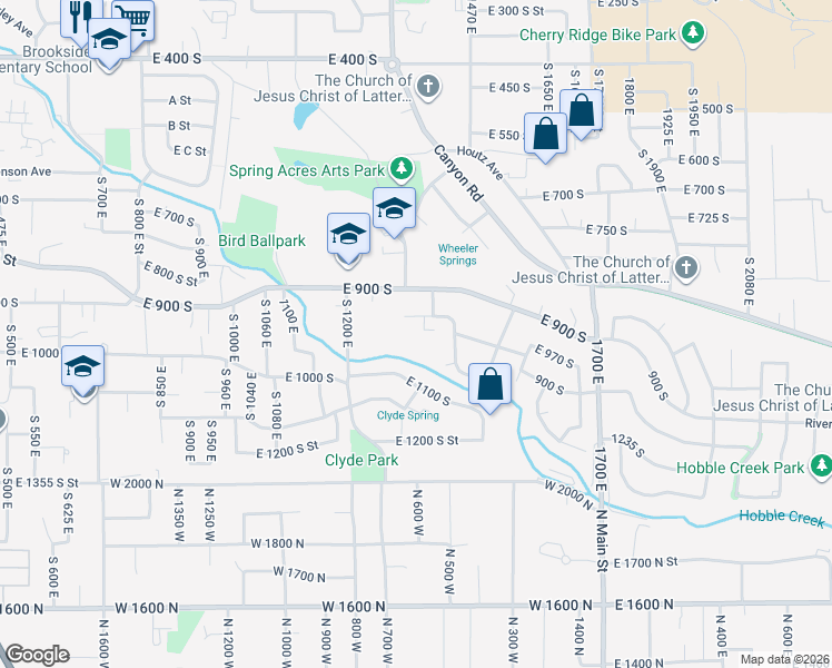 map of restaurants, bars, coffee shops, grocery stores, and more near 978 South 1375 East Street in Springville