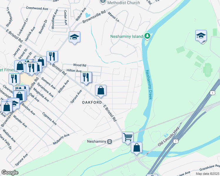 map of restaurants, bars, coffee shops, grocery stores, and more near 1167 Haines Avenue in Bucks County