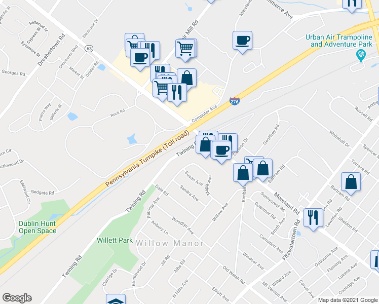 map of restaurants, bars, coffee shops, grocery stores, and more near 1855 Twining Road in Willow Grove