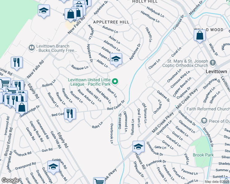 map of restaurants, bars, coffee shops, grocery stores, and more near 26 River Lane in Levittown