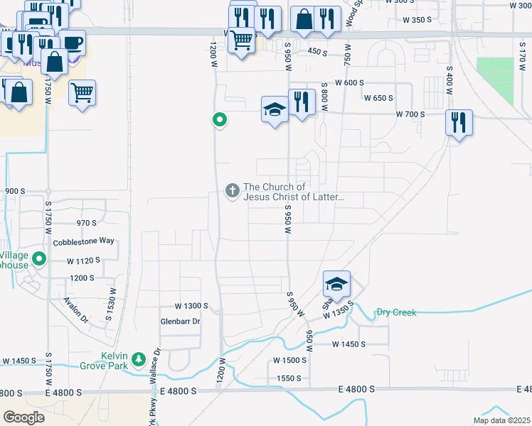 map of restaurants, bars, coffee shops, grocery stores, and more near 1092 West 950 South in Springville