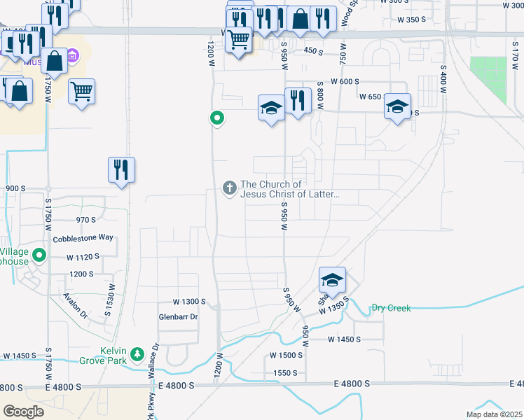 map of restaurants, bars, coffee shops, grocery stores, and more near 1092 West 950 South in Springville