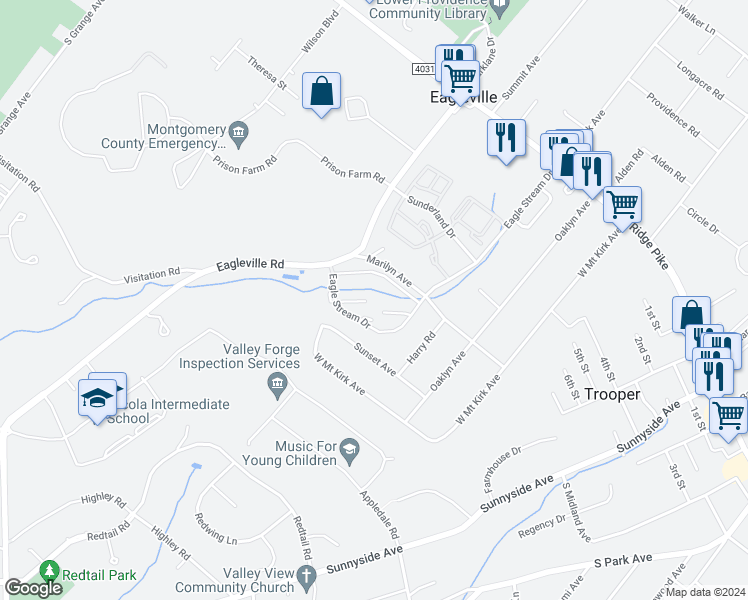 map of restaurants, bars, coffee shops, grocery stores, and more near 207 Chariot Lane in Norristown