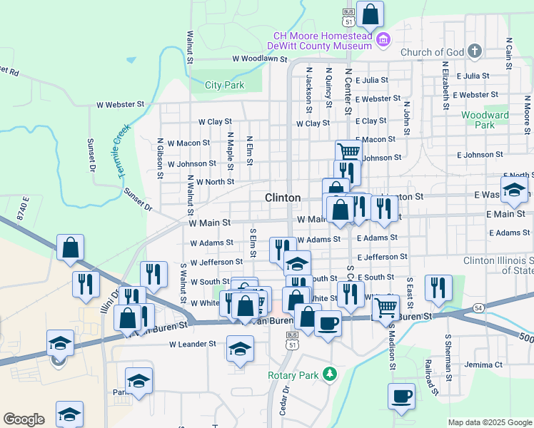 map of restaurants, bars, coffee shops, grocery stores, and more near in Clinton