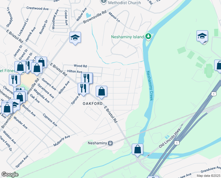 map of restaurants, bars, coffee shops, grocery stores, and more near 1167 Haines Avenue in Bucks County