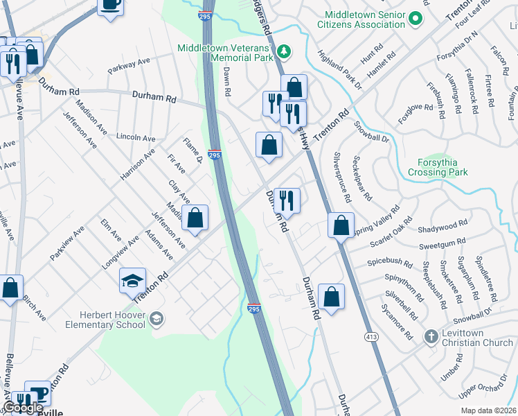 map of restaurants, bars, coffee shops, grocery stores, and more near 140 Sandybrook Drive in Langhorne