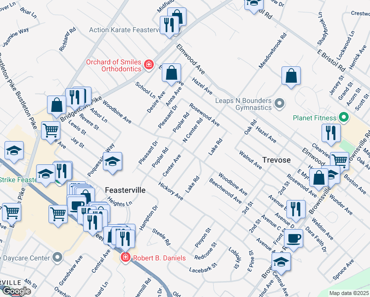 map of restaurants, bars, coffee shops, grocery stores, and more near 220 Woodbine Avenue in Feasterville-Trevose