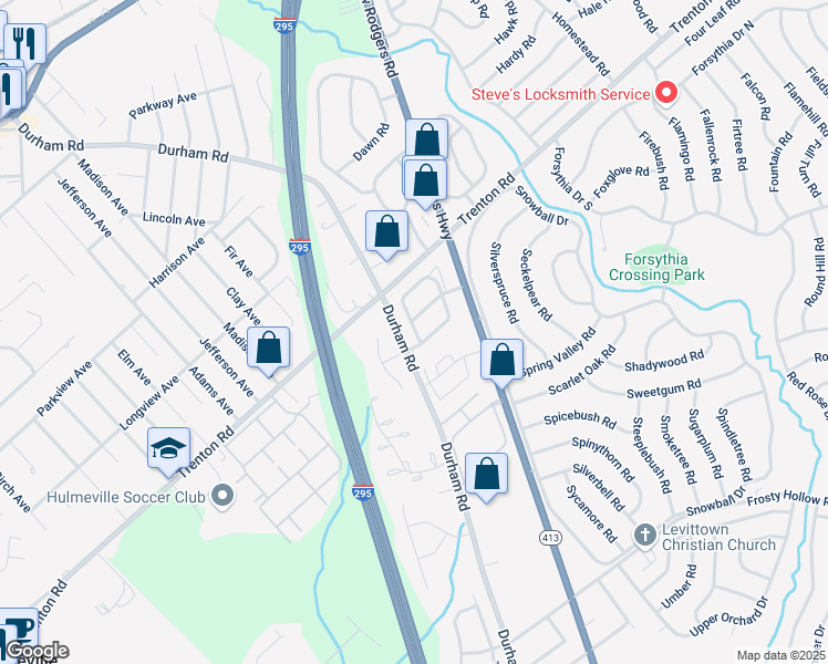map of restaurants, bars, coffee shops, grocery stores, and more near 168 Sandybrook Drive in Langhorne