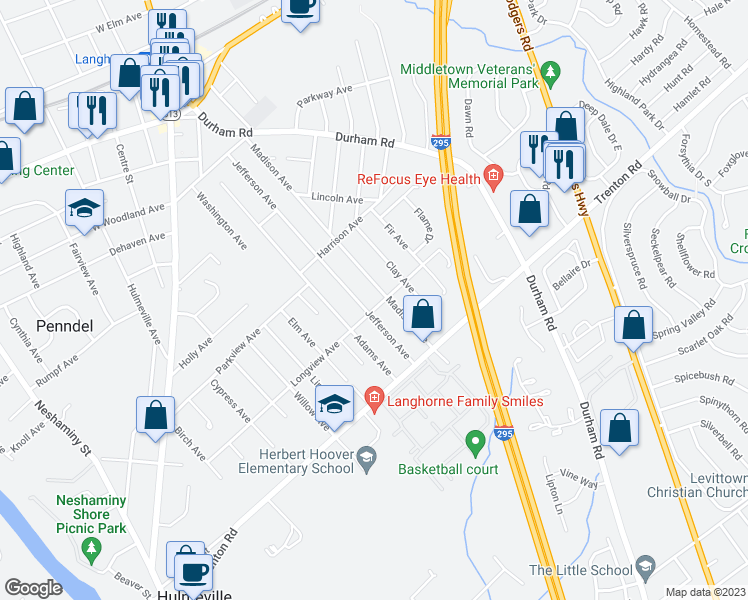 map of restaurants, bars, coffee shops, grocery stores, and more near 920 Longview Avenue in Langhorne