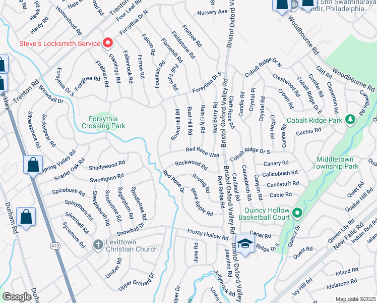 map of restaurants, bars, coffee shops, grocery stores, and more near 34 Red Rose Way in Levittown