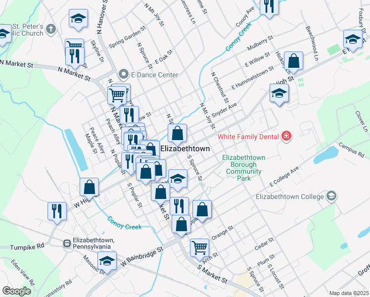map of restaurants, bars, coffee shops, grocery stores, and more near in Elizabethtown