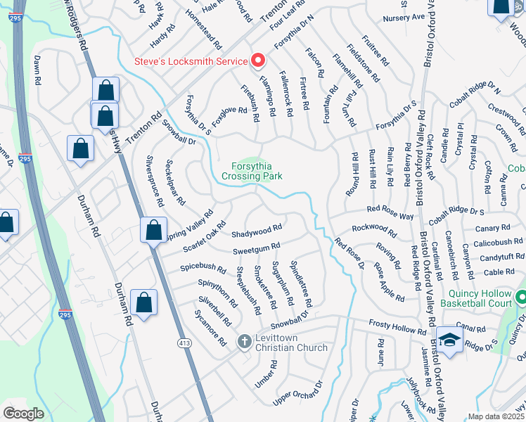 map of restaurants, bars, coffee shops, grocery stores, and more near 121 Snowball Drive in Levittown