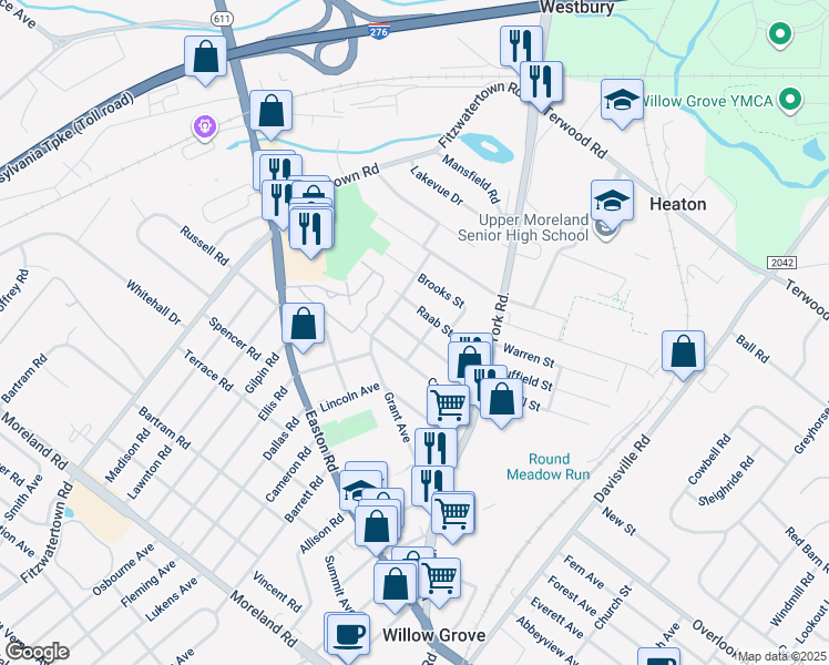 map of restaurants, bars, coffee shops, grocery stores, and more near 605 Fairhill Street in Willow Grove